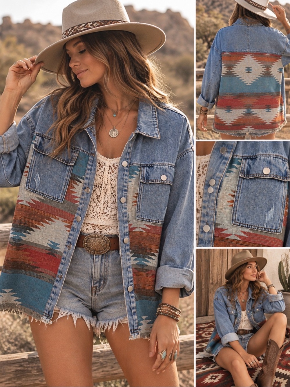 Southwestern Aztec Denim Shacket Jacket Size Large